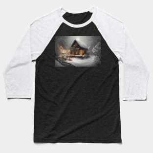 Magical Fantasy House with Lights in a Snowy Scene, Fantasy Cottagecore artwork Baseball T-Shirt